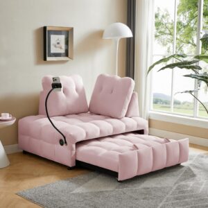 ECKF 3 in 1 Velvet Loveseat Pull-out Sofa Couch w/Pullout Bed, Convertible Sleeper Sofa Bed w/Removable Backrest, Love Seat Lounge Sofa w/Have USB Port and Swivel Phone Stand for Living Room (Pink)