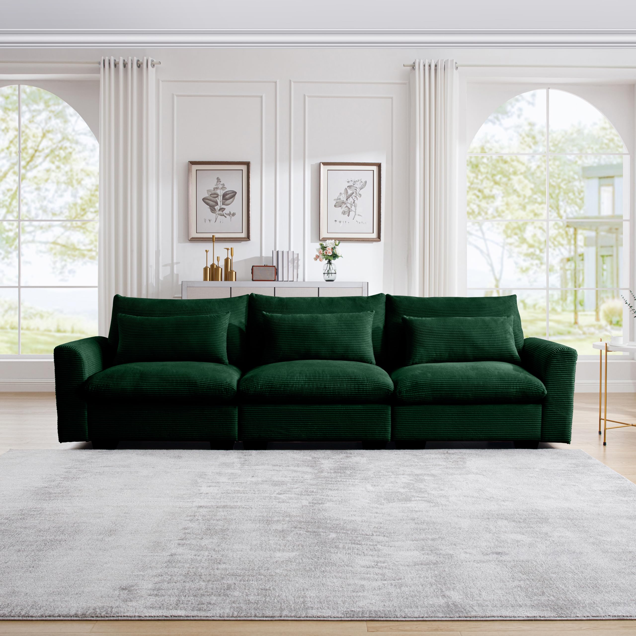 mikibama Modular Sectional Sofa, 122" Corduroy Deep Seat Upholstered Sofa, 3 Seater Comfy Cloud Couch with Waist Pillow for Living Room Office Apartment, Green