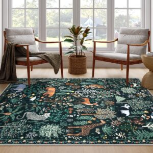 LEEVAN Jungle Area Rug Washable Christmas 6x9 Rug for Living Room, Low Pile Green Bedroom Rug Thick Abstract Animal Nursery Area Rug, Non Slip Carpet for Playroom