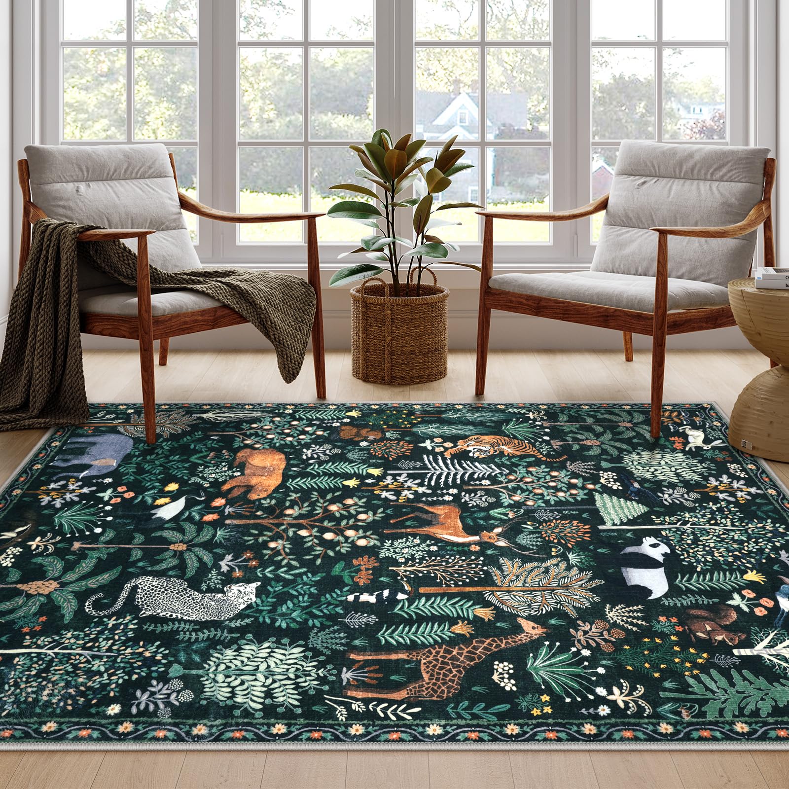 LEEVAN Jungle Area Rug Washable Christmas 6x9 Rug for Living Room, Low Pile Green Bedroom Rug Thick Abstract Animal Nursery Area Rug, Non Slip Carpet for Playroom