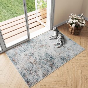 WondRg 2x3 Washable Area Rug Blue Gold Abstract Modern Entryway Kitchen Non Slip Low Pile Thin Throw Rug Living Room Bedroom Indoor Doormat Small Soft Carpet for Entrance Bathroom Dining Room