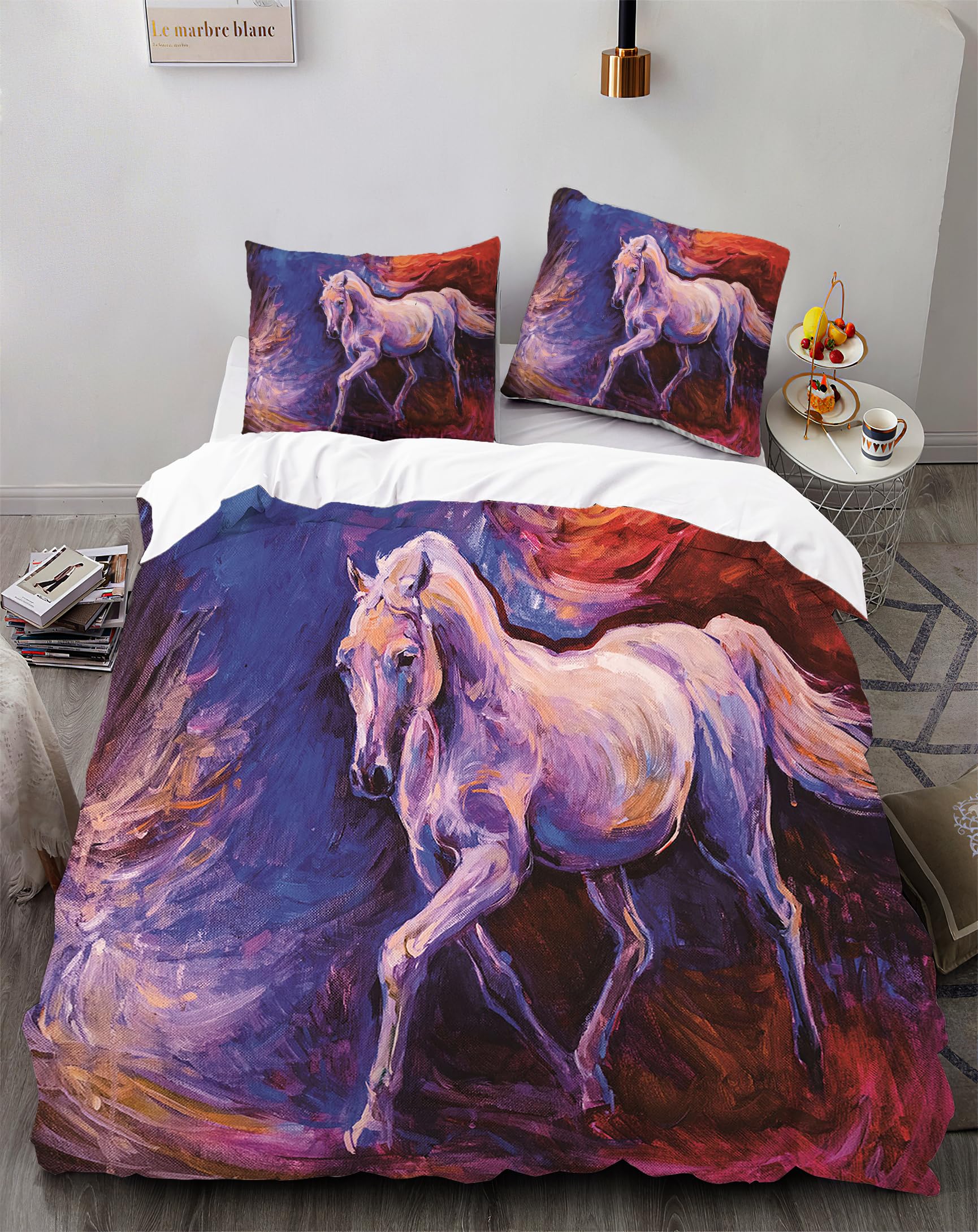 EIANLAI Horse Bed Duvet Cover Set, Wild Animal Themed Bed 3 Piece Duvet Cover Set for Kids, Teens, Boys, Girls Room Decor, includes 1 Duvet Cover and 2 Pillow Cases - Queen