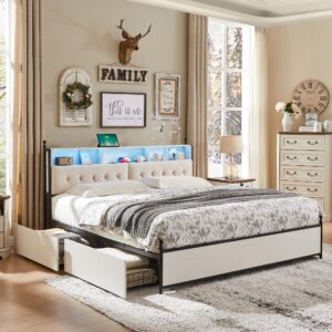 RedLemon King Size Bed Frame with Upholstered Headboard, Modern Farmhouse Wood Metal Platform Bed with Storage Drawers, Charging Station and LED, No Box Spring Needed, Antique White