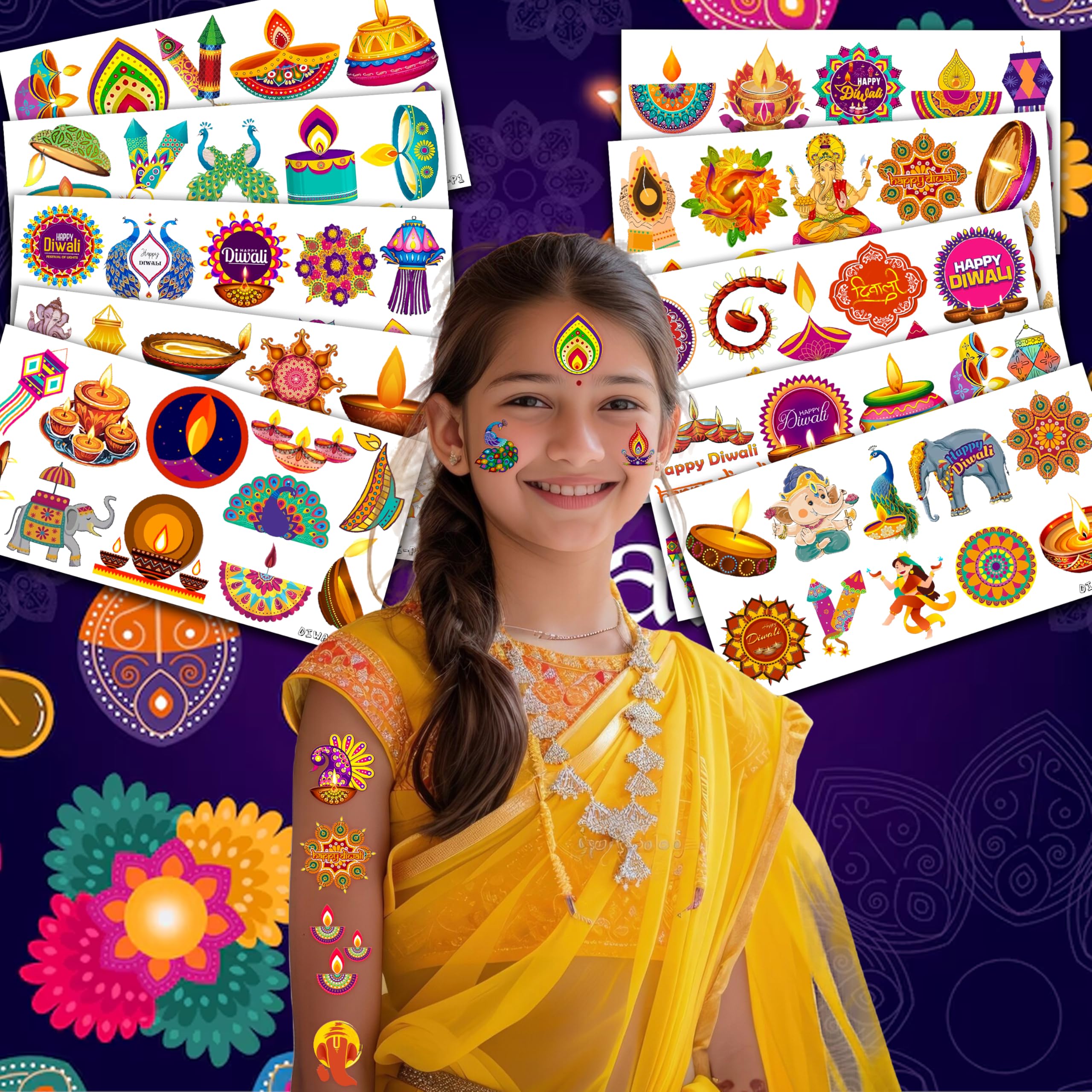 100 PCS Diwali Birthday Party Decorations Favors Supplies Temporary Tattoos Decor Happy Diwali Festival of Lights Candle Diya Lamp Stickers For Boys Girls Gift School Prizes Rewards