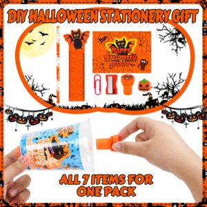 292 Pcs Halloween Party Favors, 24 Packs Stationery Supplies Set with Pencils Erasers Sharpeners Rulers Notepads Stampers Cups, Halloween Treats Goodie Bag Fillers for kids gifts, Classroom Prizes