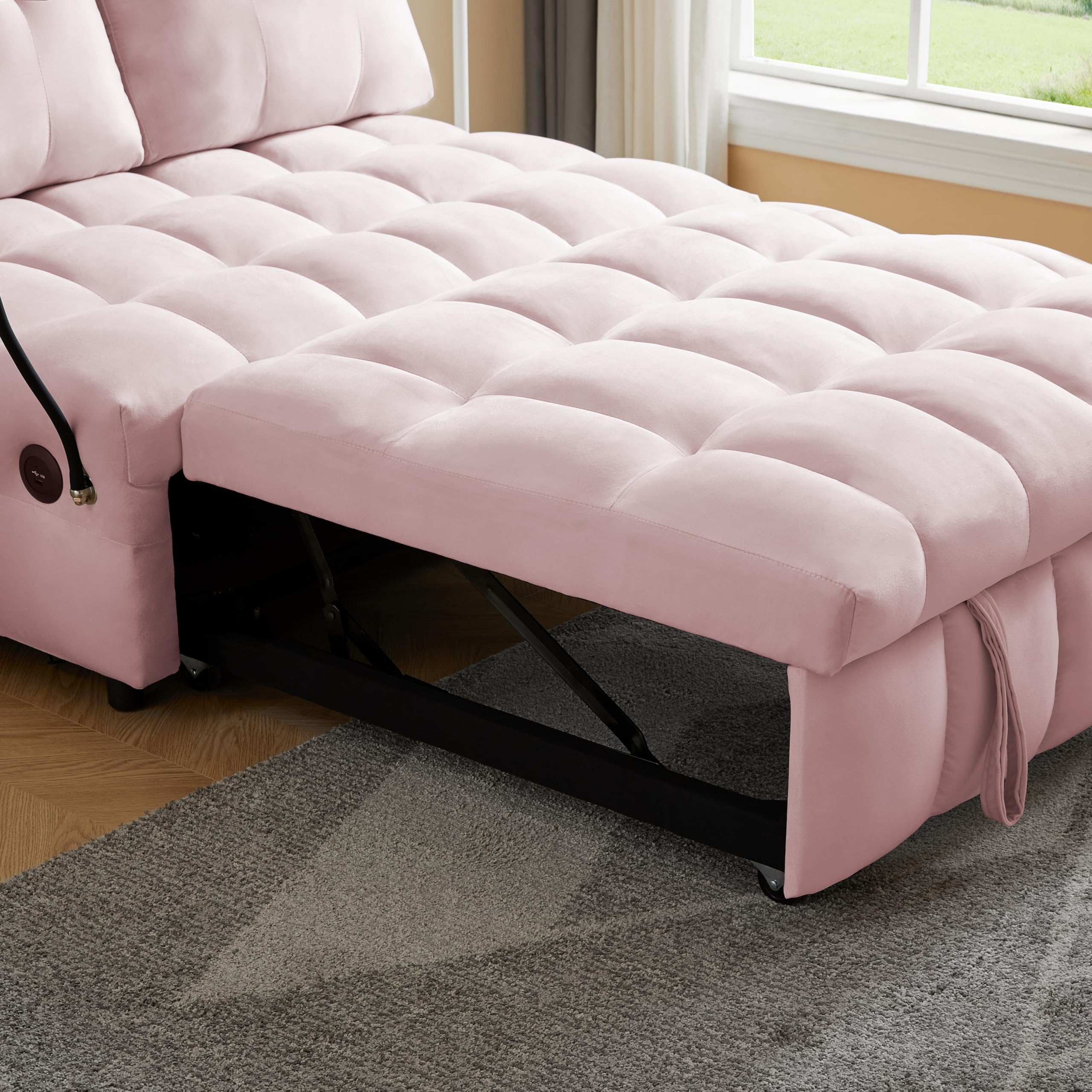 ECKF 3 in 1 Velvet Loveseat Pull-out Sofa Couch w/Pullout Bed, Convertible Sleeper Sofa Bed w/Removable Backrest, Love Seat Lounge Sofa w/Have USB Port and Swivel Phone Stand for Living Room (Pink)