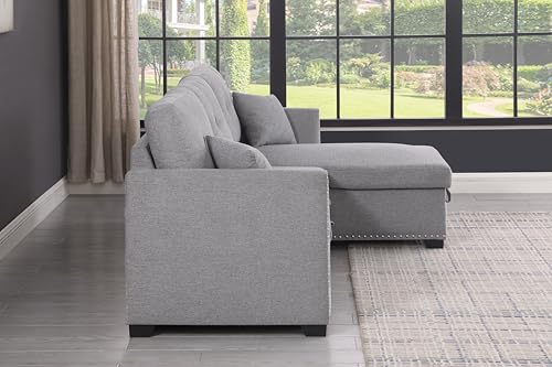 Generic Sleeper Sofa, Sofa Bed- 2 in 1 Pull Out Couch Bed with Storage Chaise with 2 Pillows for Living Room, Linen Fabric Sofa Sleeper with Pull Out Bed Couch,Light Grey