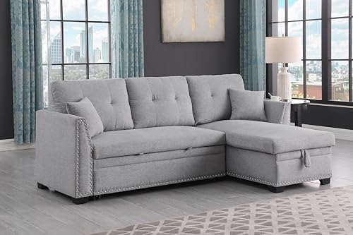 Generic Sleeper Sofa, Sofa Bed- 2 in 1 Pull Out Couch Bed with Storage Chaise with 2 Pillows for Living Room, Linen Fabric Sofa Sleeper with Pull Out Bed Couch,Light Grey