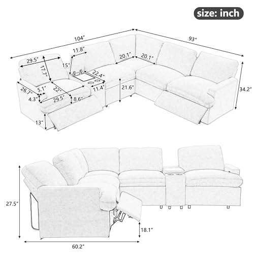 FANYE Modern Power Reclining Motion Sectional Sofa L-Shaped Corner Recliner Upholstered Couch with USB Ports,Power Socket,Storage Console and Cupholders for Living Room/Home Theater