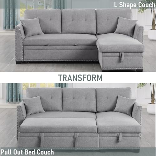 Generic Sleeper Sofa, Sofa Bed- 2 in 1 Pull Out Couch Bed with Storage Chaise with 2 Pillows for Living Room, Linen Fabric Sofa Sleeper with Pull Out Bed Couch,Light Grey