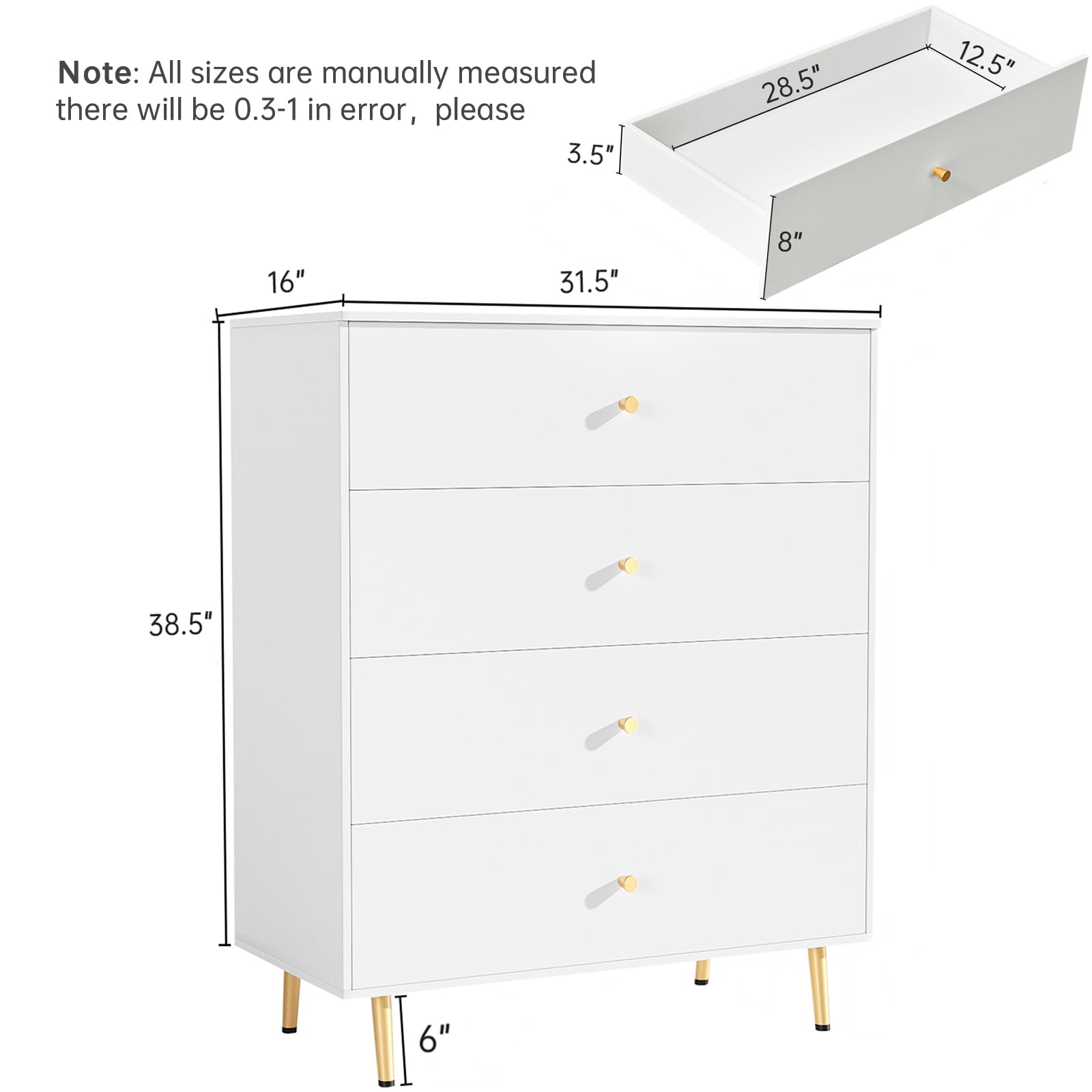 Greenvelly White 4 Drawer Dresser, 44” Tall Modern Dressers with Golden Metal Legs, White Dressers with 4 Drawers, Wood Storage Chest of Drawers for Bedroom, Living Room