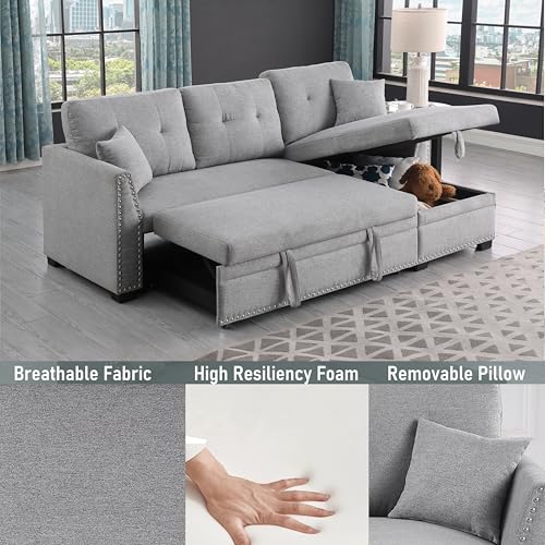 Generic Sleeper Sofa, Sofa Bed- 2 in 1 Pull Out Couch Bed with Storage Chaise with 2 Pillows for Living Room, Linen Fabric Sofa Sleeper with Pull Out Bed Couch,Light Grey