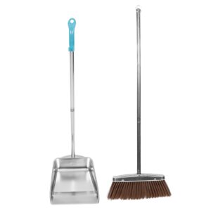 amosfun heavy duty broom and dustpan set, stainless steel broom and dustpan set with long handle for home standing dust pan indoor or outdoor brooms dustpan