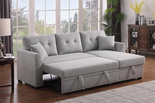 Generic Sleeper Sofa, Sofa Bed- 2 in 1 Pull Out Couch Bed with Storage Chaise with 2 Pillows for Living Room, Linen Fabric Sofa Sleeper with Pull Out Bed Couch,Light Grey