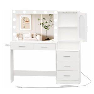 Irontar Vanity Desk with Charging Station, 46.7''L Makeup Vanity Table with Open Shelves & 5 Hooks, Dressing Desk with Drawers, Makeup Table with Side Drawer Cabinet, White WDT013W