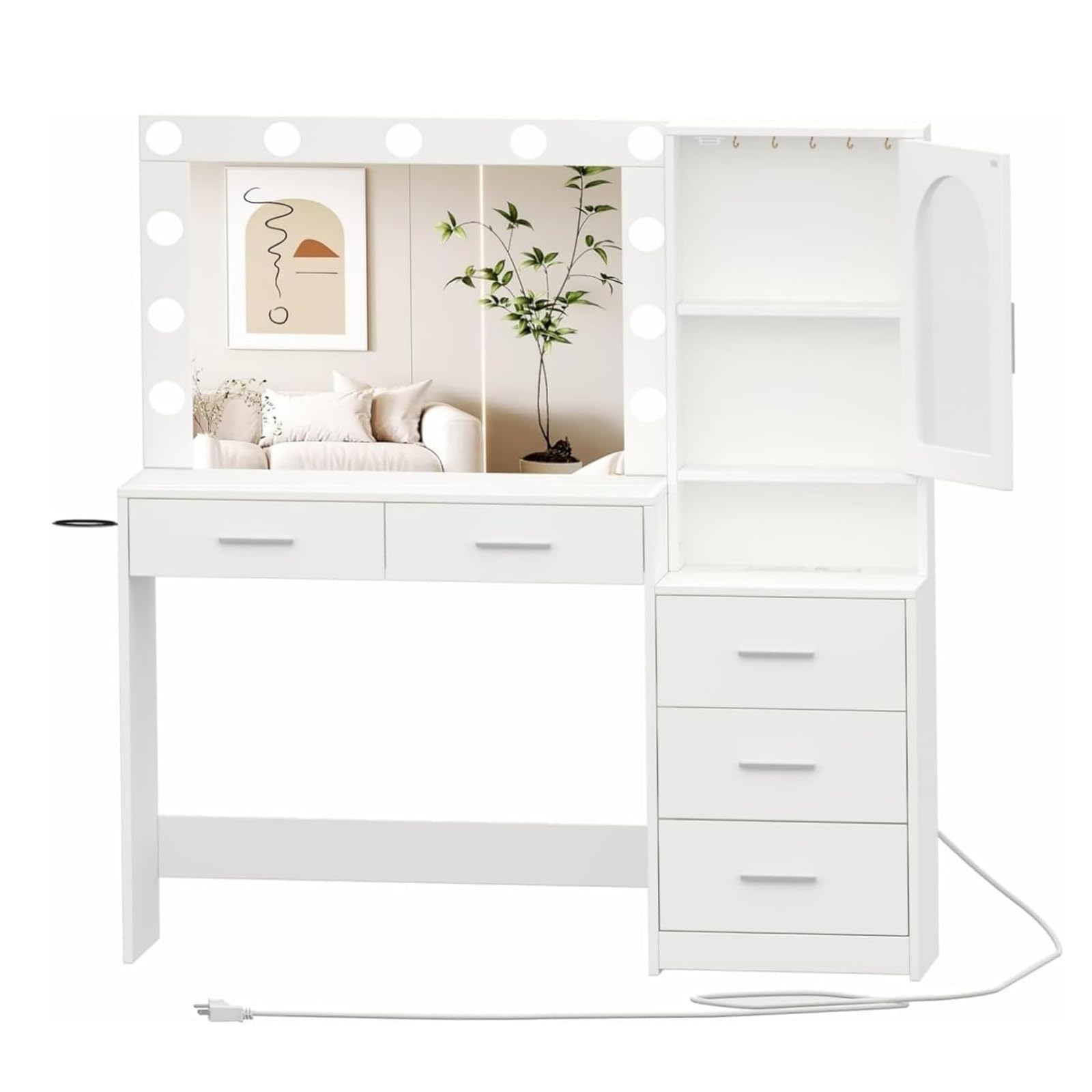 Irontar Vanity Desk with Charging Station, 46.7''L Makeup Vanity Table with Open Shelves & 5 Hooks, Dressing Desk with Drawers, Makeup Table with Side Drawer Cabinet, White WDT013W