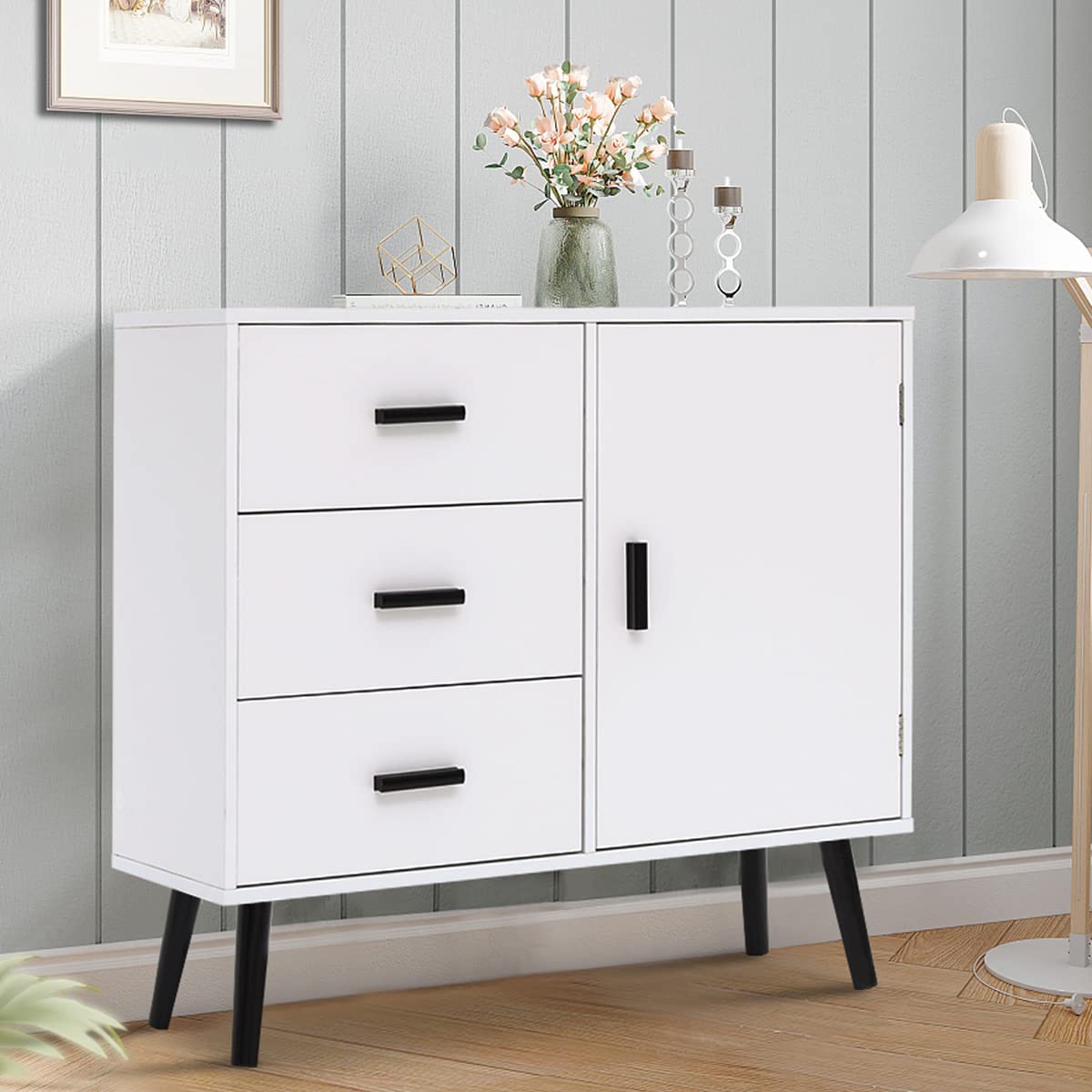 Storage Cabinet with 3 Drawers, Accent Cabinet with Adjustable Shelf, Entryway Cabinet for Living Room, Entryway, White