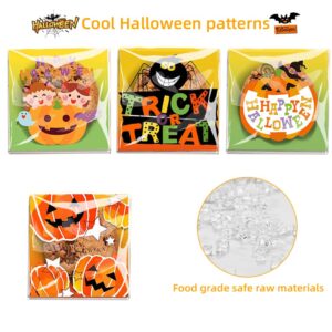 100 PCS Small Halloween Cellophane Treat Bags,Halloween Clear Self Adhesive Candy Bags,Halloween Plastic Cookie Bags for Trick or Treat, Halloween Goodie Bags for Party Favor Supplies