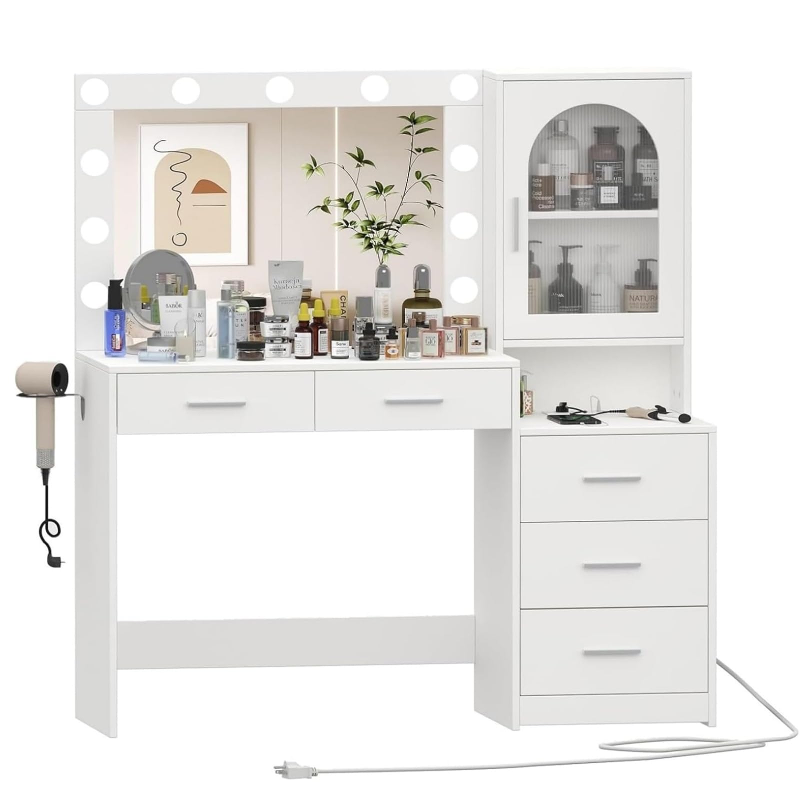 Irontar Vanity Desk with Charging Station, 46.7''L Makeup Vanity Table with Open Shelves & 5 Hooks, Dressing Desk with Drawers, Makeup Table with Side Drawer Cabinet, White WDT013W