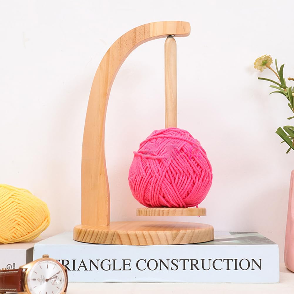 QKDS Yarn Holder for Knitting and Crocheting, Wooden Yarn Spinner with Magnetic Metal Twirling Mechanism and Anti-Slip Pads, Yarn Spindle Dispenser, Gift for Knitting Crochet Lovers(Natural Wood)