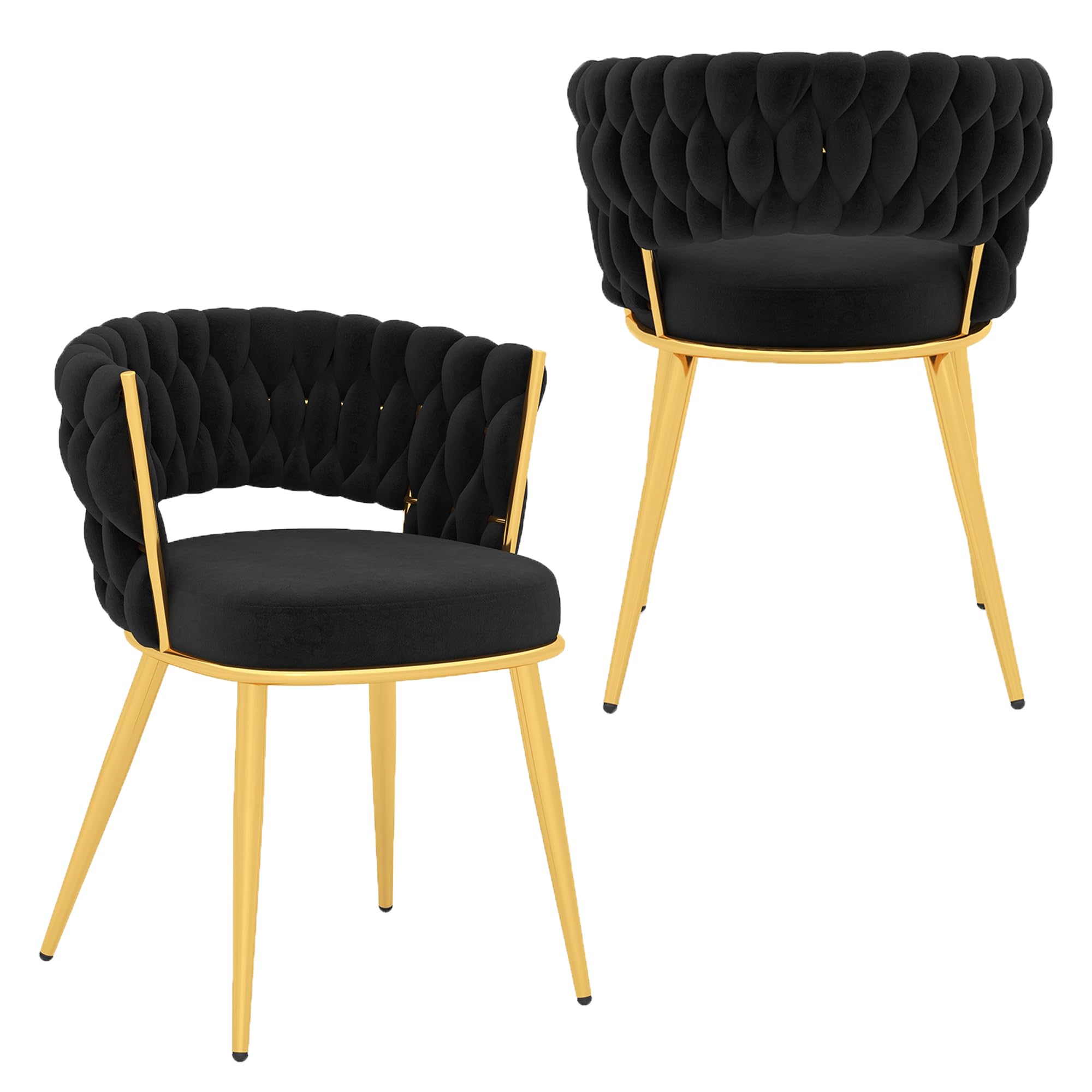 KCC Velvet Dining Chairs Set of 2, Gold Modern Dining Chair with Metal Legs, Woven Upholstered Dining Chairs for Dining Room, Kitchen, Vanity, Living Room (Black)