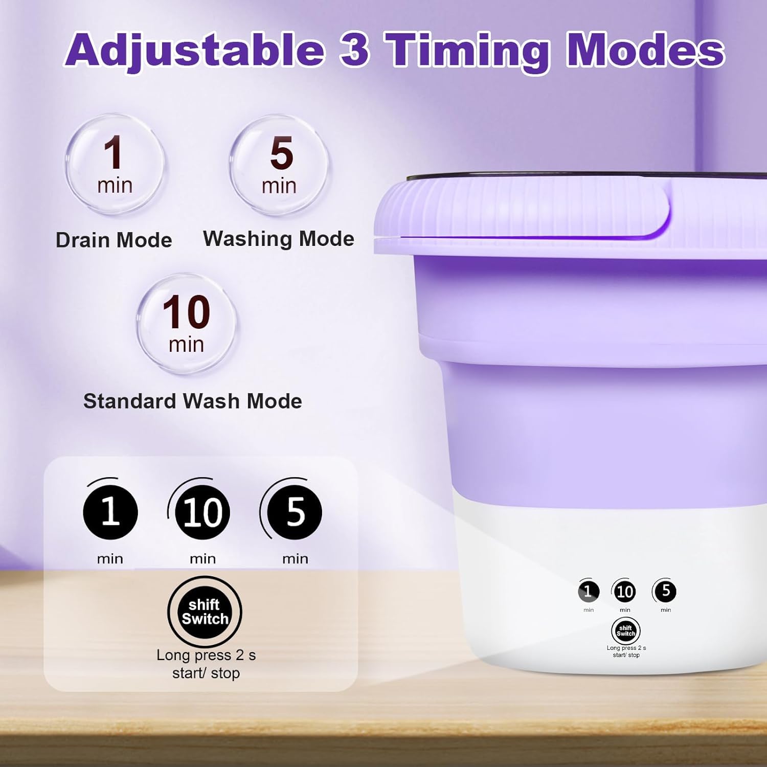 HULKNPEW 6.5L Folding Washing Machine,Portable Washing Machine,Small Washer with 3 Modes Deep Cleaning & Spin-dry,Easy to Carry,Suitable for Apartments, Dormitories, Camping, RV, Travel,Hotels-Purple