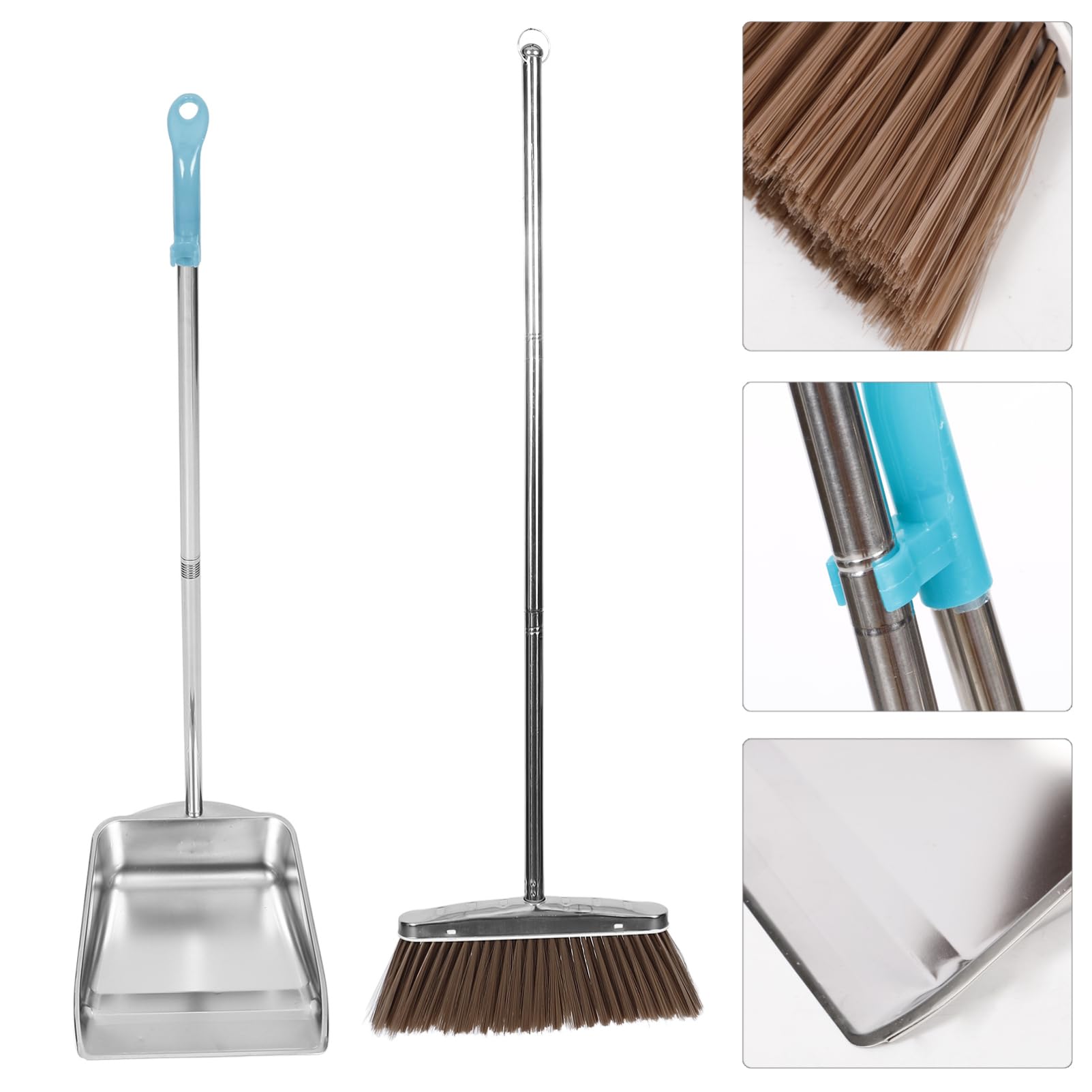 Amosfun Heavy Duty Broom and Dustpan Set, Stainless Steel Broom and Dustpan Set with Long Handle for Home Standing Dust Pan Indoor or Outdoor Brooms Dustpan