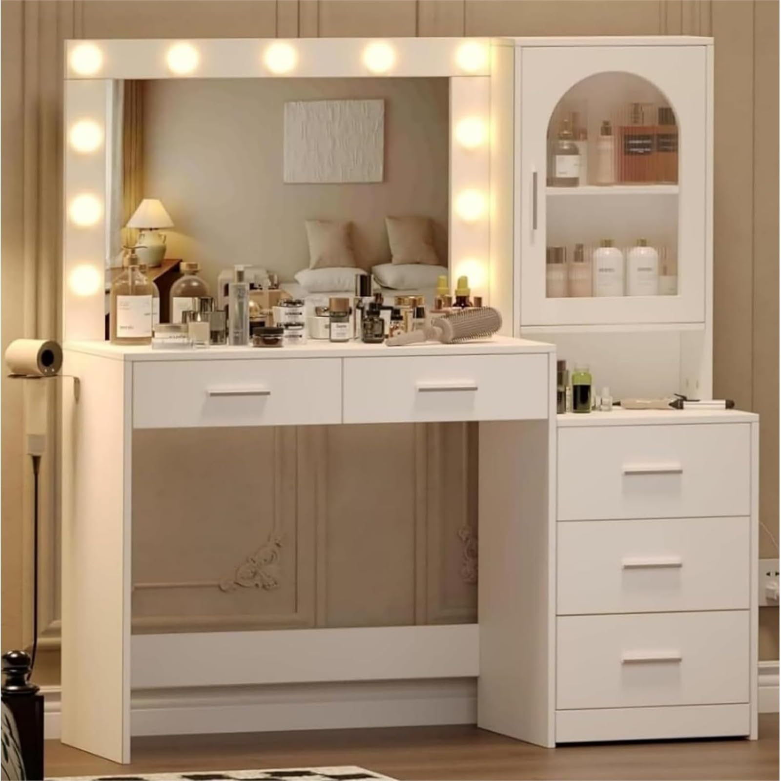 Irontar Vanity Desk with Charging Station, 46.7''L Makeup Vanity Table with Open Shelves & 5 Hooks, Dressing Desk with Drawers, Makeup Table with Side Drawer Cabinet, White WDT013W