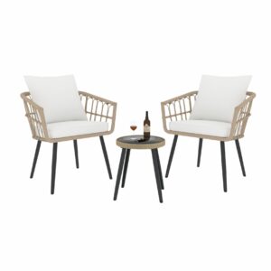 3 Pieces Patio Bistro Set All-Weather Wicker Ratan Conversation Set Outdoor Furniture Chairs w Glass Top Coffee Table and 2 Thick Cushions for Porch Backyard Lawn Poolside (White Cushion)