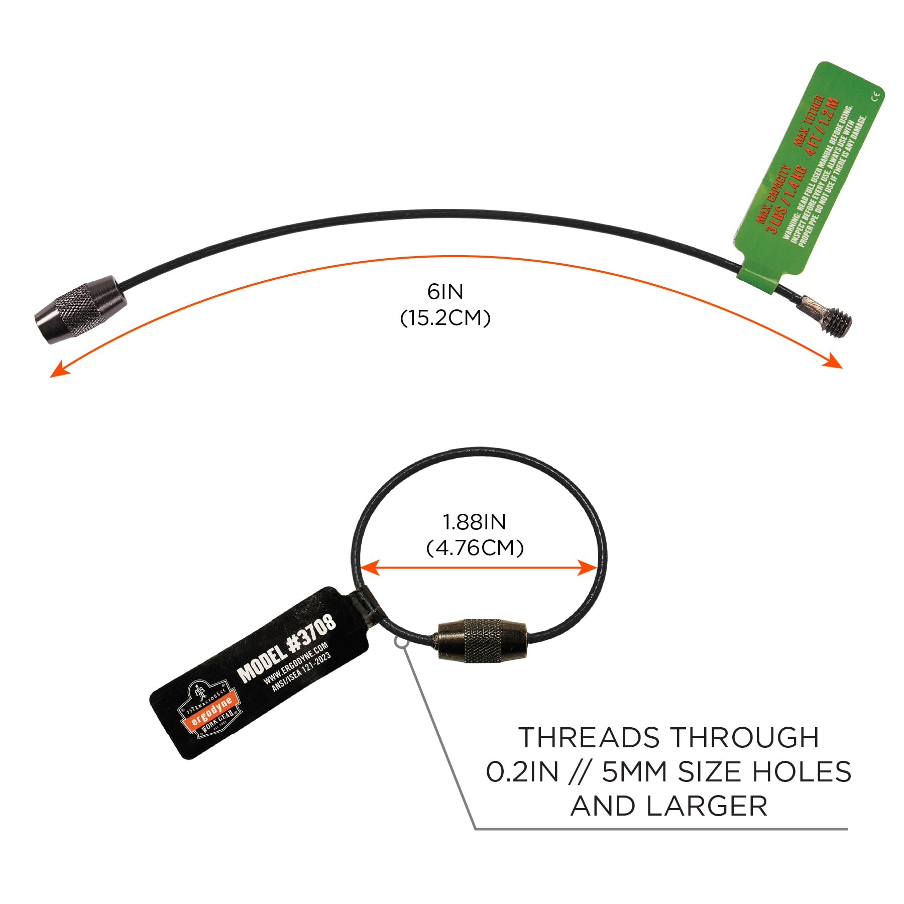 Ergodyne Squids 3708 Wire Cable Loop Tool Tethering Attachment, Screw Gate Opening, Weight Rating 3lbs, 6-Pack