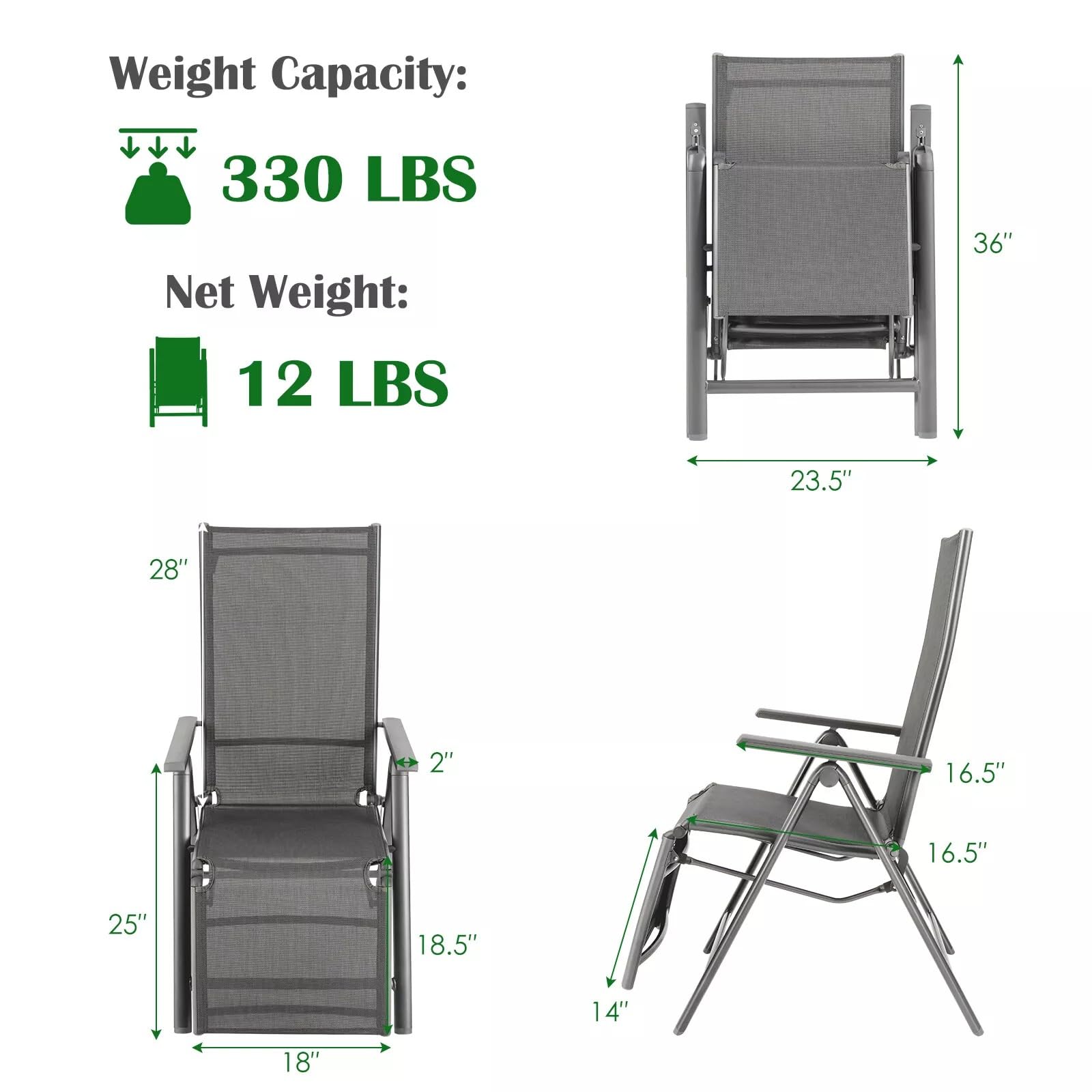 VcJta Foldable Recliner Lounge Chairs Set of 2, Portable Aluminum with Adjustable Backrest, Outdoor Furniture for Relaxation & Comfort