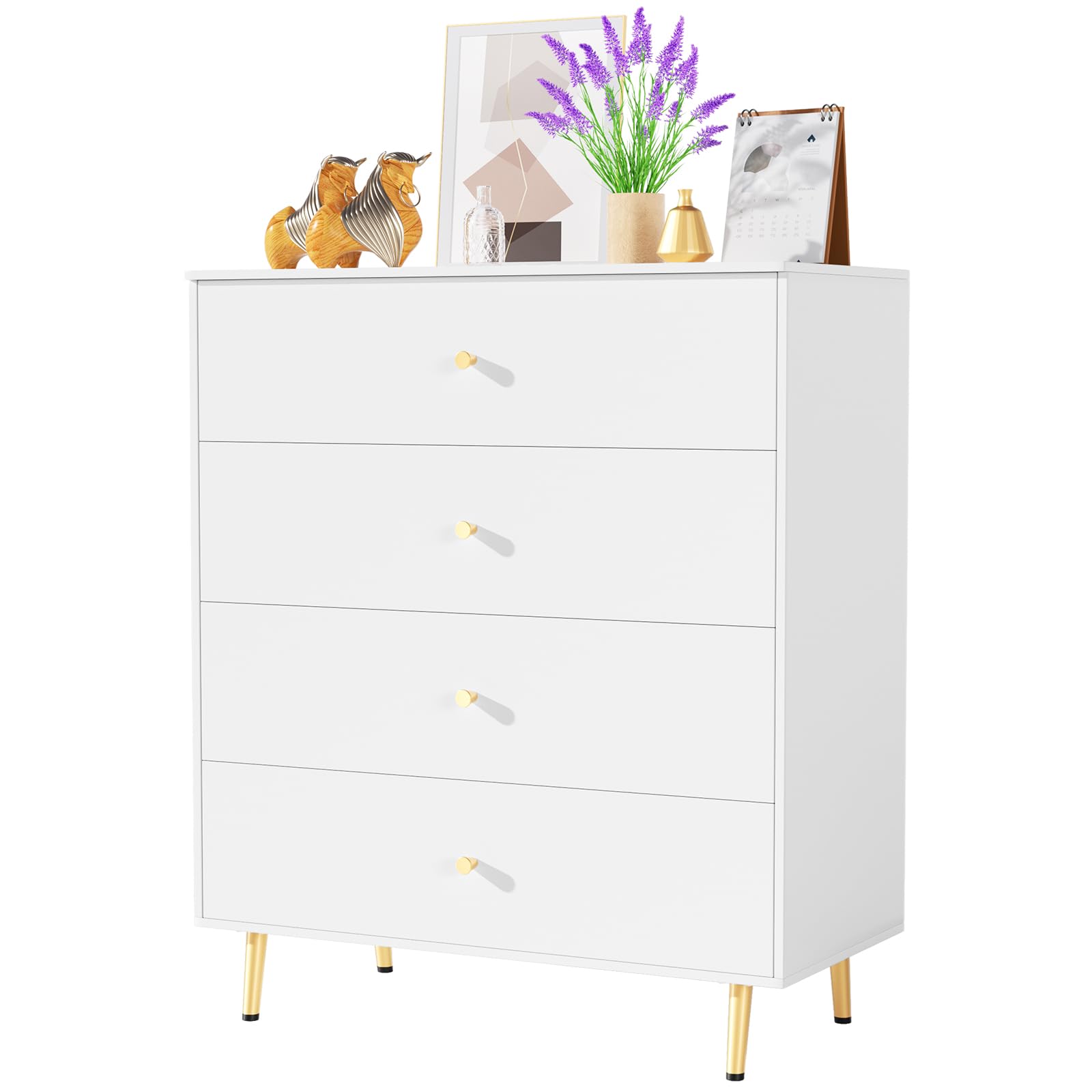 Greenvelly White 4 Drawer Dresser, 44” Tall Modern Dressers with Golden Metal Legs, White Dressers with 4 Drawers, Wood Storage Chest of Drawers for Bedroom, Living Room