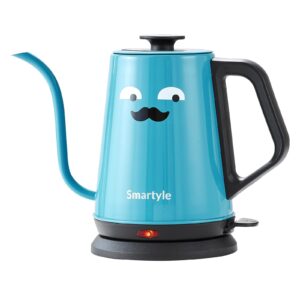 smartyle gooseneck electric kettle with mustaches, 1000w cartoon electric tea kettle of 304 stainless steel, cute hot water kettle with auto shut off, 1.0l colorful pour over coffee kettle-blue