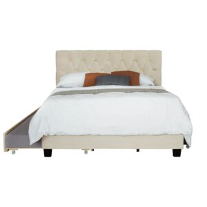 Harper & Bright Designs Beige Queen Platform Bed with Twin XL Trundle & 2 Storage Drawers, Velvet Upholstered Queen Storage Bed Frame with Headboard, No Box Spring Required