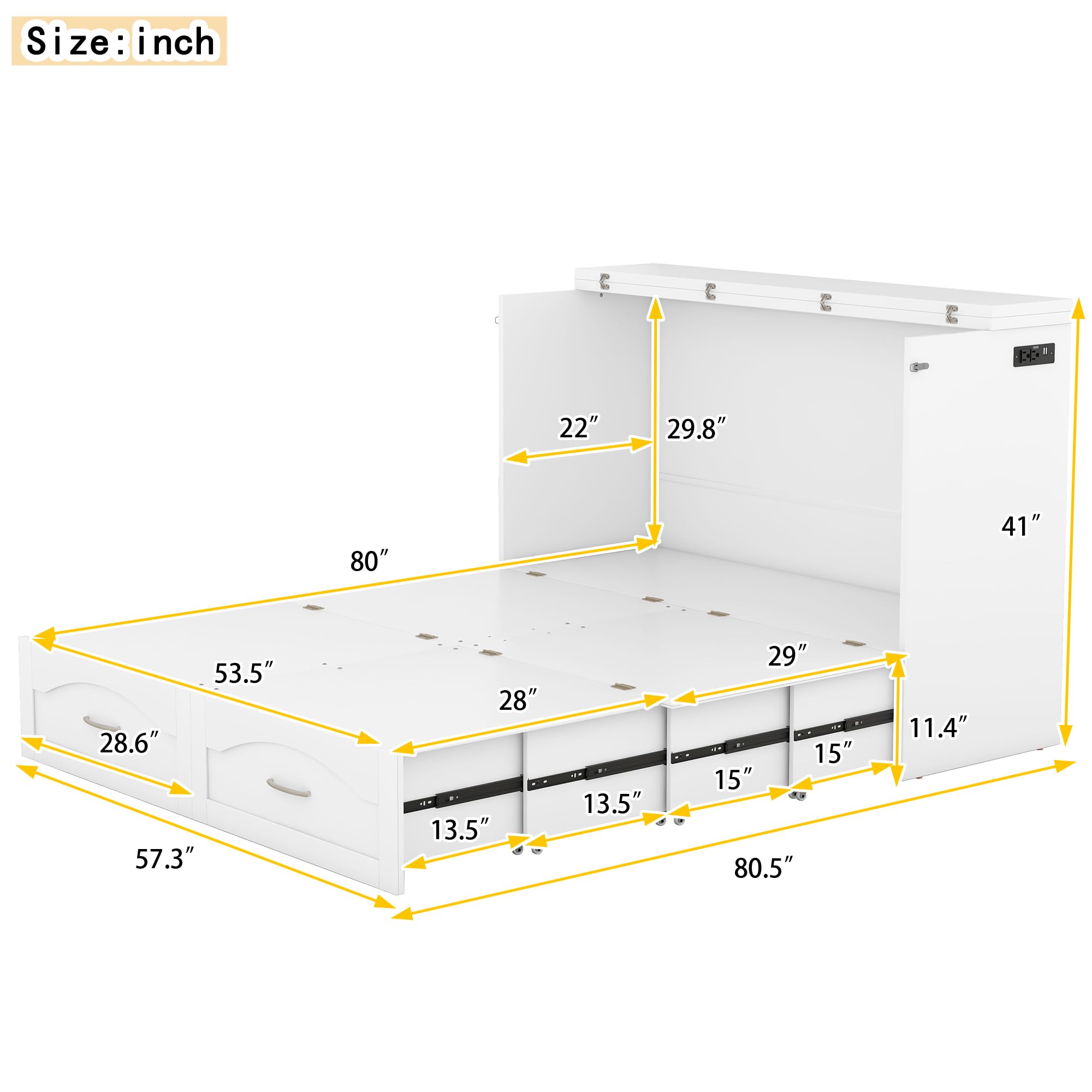 Jintop Full Size Murphy Bed,Cabinet Hideaway Bed with Drawer and a Set of Sockets & USB Ports,Wood Wall Bed can be Folded w/Pulley Structure Design,Easy Assembly,for Kids Bedroom,Student Dorms,White