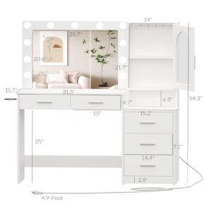 Irontar Vanity Desk with Charging Station, 46.7''L Makeup Vanity Table with Open Shelves & 5 Hooks, Dressing Desk with Drawers, Makeup Table with Side Drawer Cabinet, White WDT013W