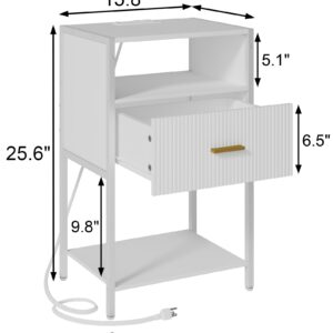 Veegle White Nightstand with Charging Station, Fluted Side Table with Drawer, Modern Bedside Table with Open Shelves for Living Room, Bedroom