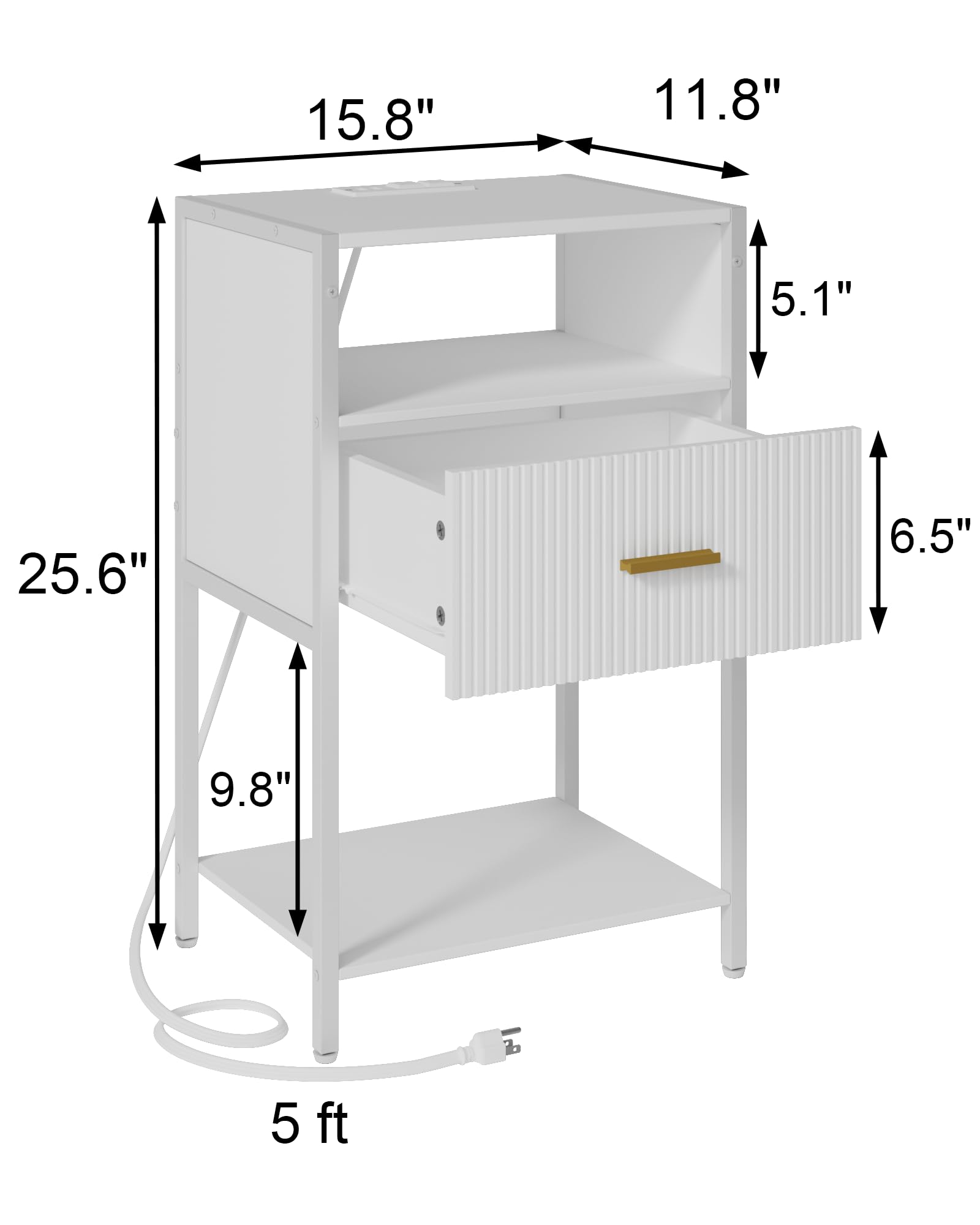 Veegle White Nightstand with Charging Station, Fluted Side Table with Drawer, Modern Bedside Table with Open Shelves for Living Room, Bedroom