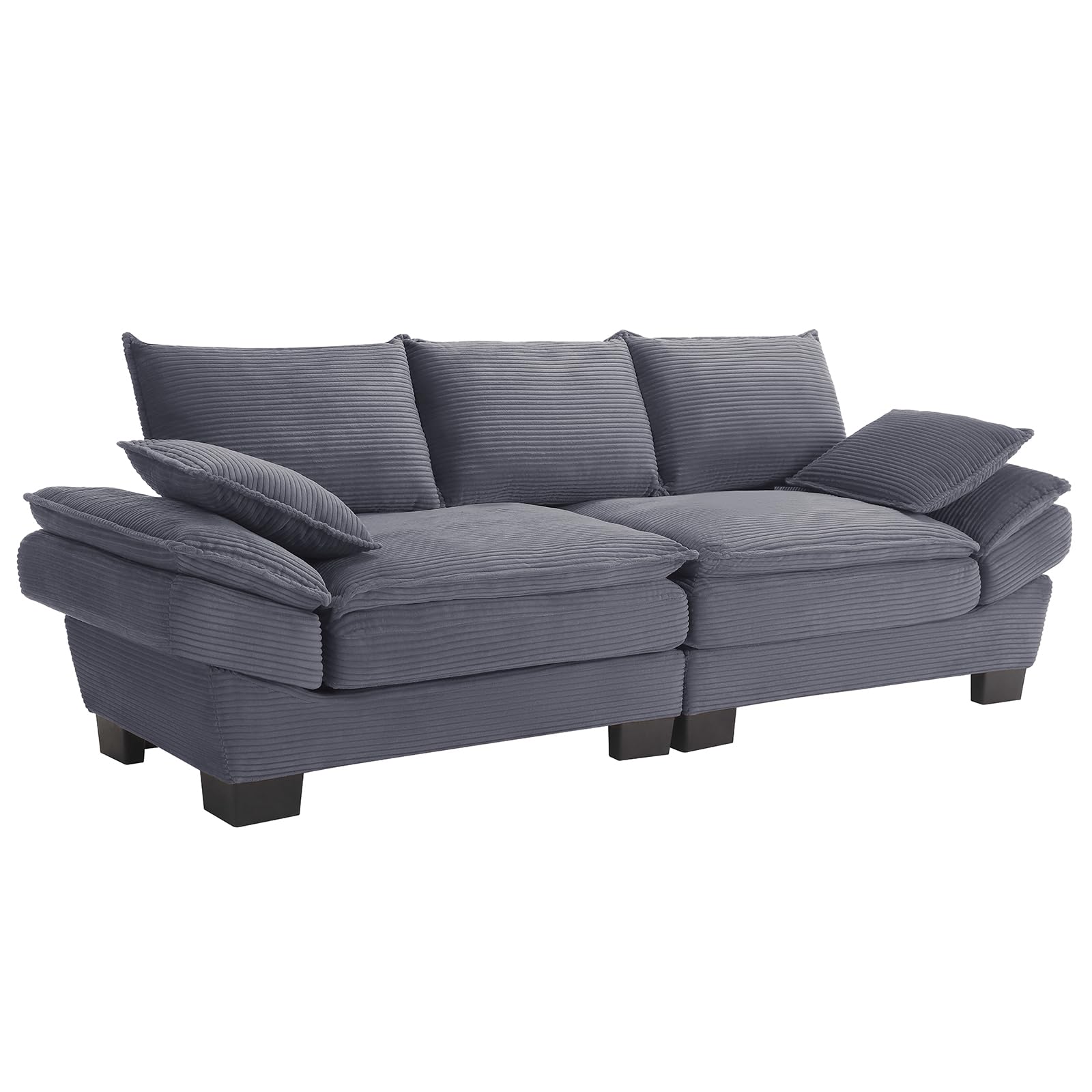 KIVENJAJA Corduroy Small Sectional Cloud Couch, Modern Comfy 3 Seater Sofa Oversized Loveseat with 2 Pillows for Living Room Apartment Bedroom Small Space, 88.6”W, Grey