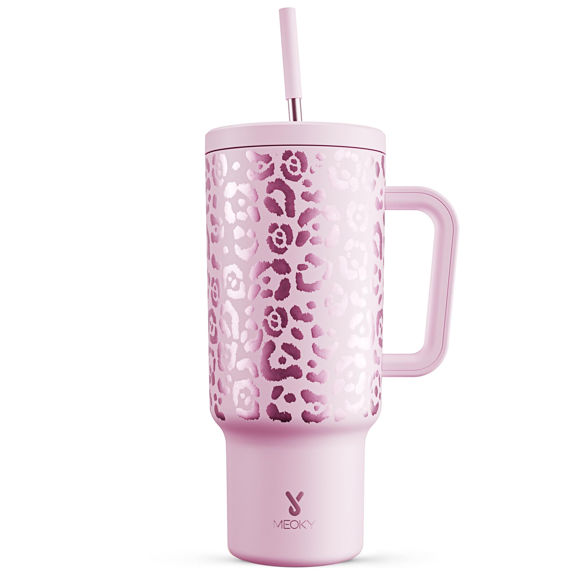 Meoky 40 oz Tumbler with Handle and Straw, Tumbler with Lid and Straw, Insulated Stainless Steel Travel Mug, 100% Leak-proof, Keeps Cold for 34 Hours or Hot for 10 Hours (Pink Leopard)