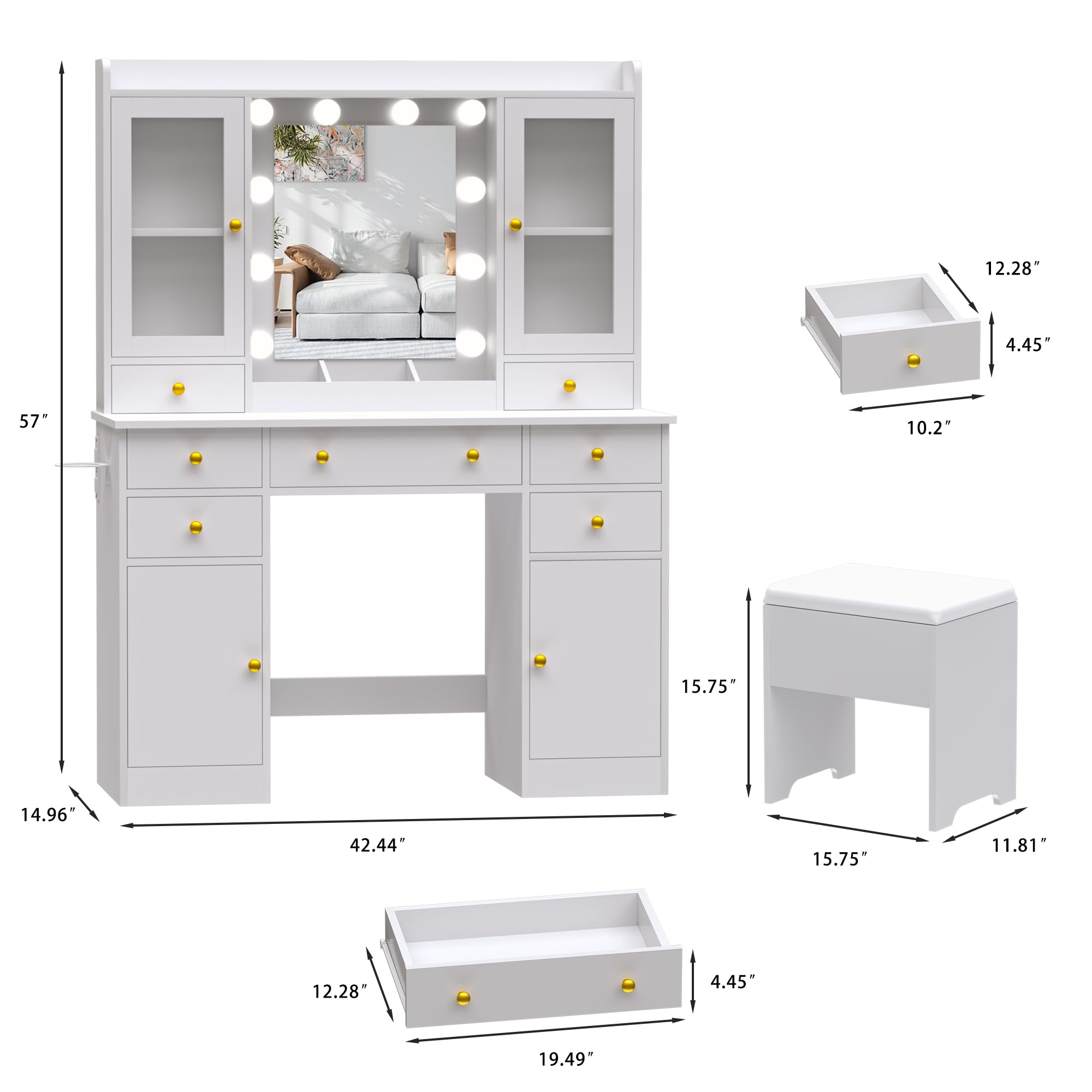 yesasin Makeup Vanity Desk with Mirror and Lights, White Vanity with Charging Station & Vanity Chair, LED Light Vanity Table Set with Storage 7 Drawers and 4 Cabinet for Bedroom, Dressing Bedroom