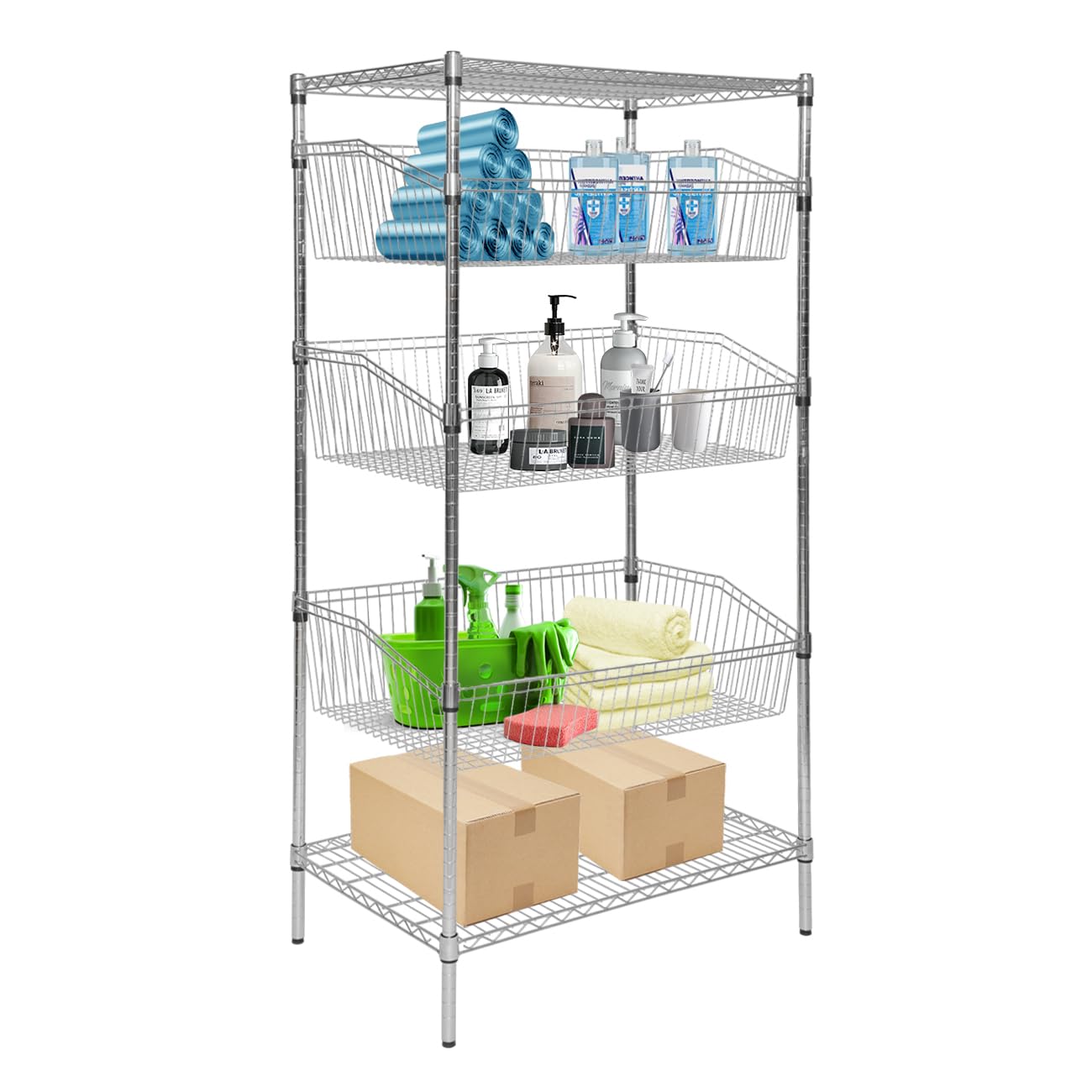 biosp 4-Tier Adjustable Metal Wire Rack Shelving Unit, Heavy Duty Basket Storage Shelf for Outdoor & Indoor, Bathroom, Laundry, Kitchen, Garage