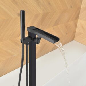 BESy Tub Filler Freestanding Bathtub Faucet Waterfall Matte Black Floor Mount Brass Single Handle Bathroom Tub Faucets High Flow Bath Shower Faucets with 2 Function Square Handheld Sprayer