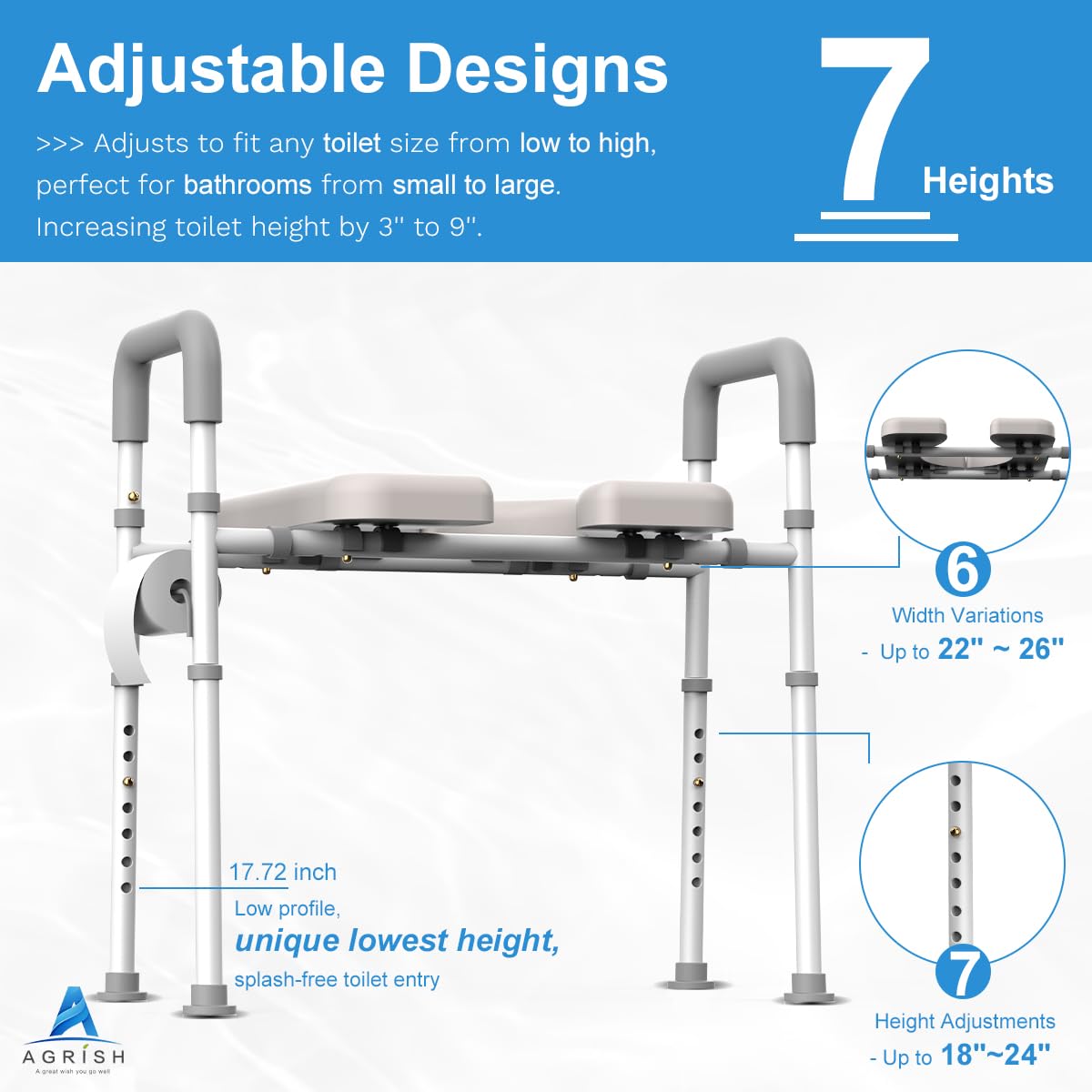 Raised Toilet Seat with Handles, FSA/HSA Eligible Width Adjustable Toilet Seat Risers for Seniors, Heavy Duty Handicap Toilet Seat Riser, Fit Any Toilet