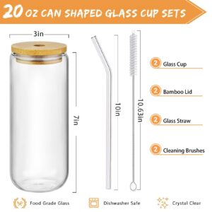 DAMCONME 20 Oz Glass Cups with Lids and Straws 2Pcs,Glass Iced Coffee Cups,20 Oz Glass Tumbler,Glass with Bamboo Lid and Straw for Smoothie,Cocktail Beer, Whiskey,Soda(2 Clean Brush)