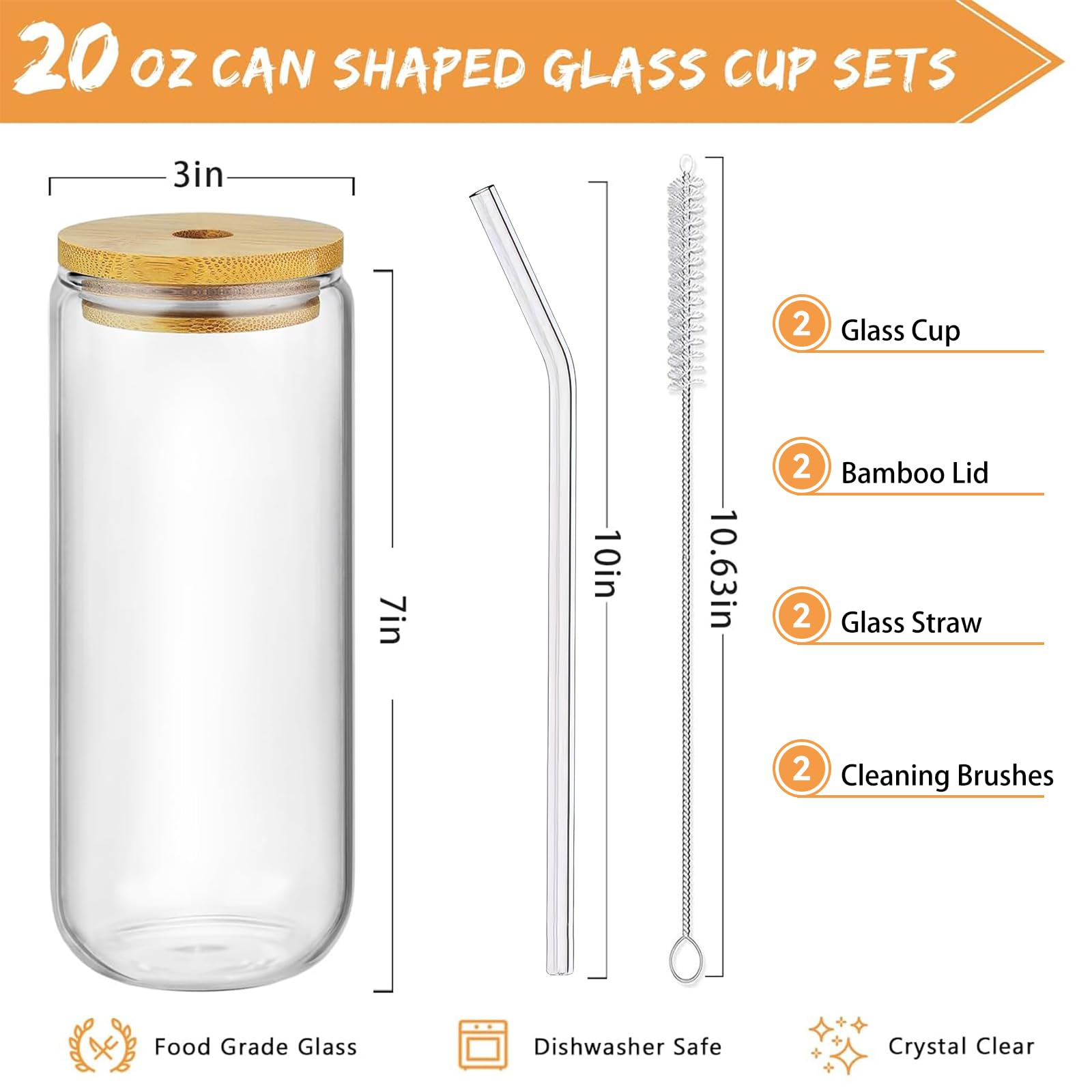 DAMCONME 20 Oz Glass Cups with Lids and Straws 2Pcs,Glass Iced Coffee Cups,20 Oz Glass Tumbler,Glass with Bamboo Lid and Straw for Smoothie,Cocktail Beer, Whiskey,Soda(2 Clean Brush)