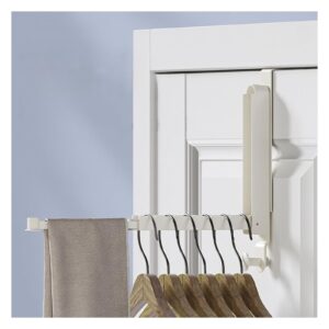 over the door folding clothes drying rack, alluminum alloy hanger with retractable lod, laundry hanging coat rack with 6 groves, clothing hanger hook for towel,coat,bag and robe (white hook type)