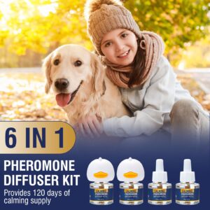 Dog Calming Pheromones Diffuser 6 in 1 Kit Appeasing Pheromone Diffuser to Calm (2 Plug in+4 Pack 48ml Refill) for Anxiety Relief Reduce Aggression Fighting Barking Stress 120 Day Supply(Tasteless)