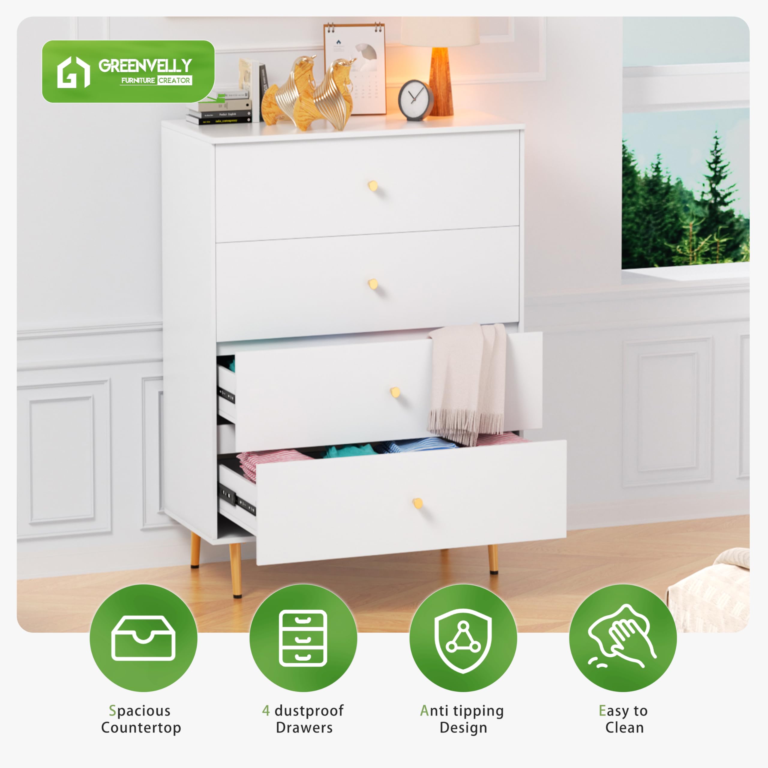 Greenvelly White 4 Drawer Dresser, 44” Tall Modern Dressers with Golden Metal Legs, White Dressers with 4 Drawers, Wood Storage Chest of Drawers for Bedroom, Living Room