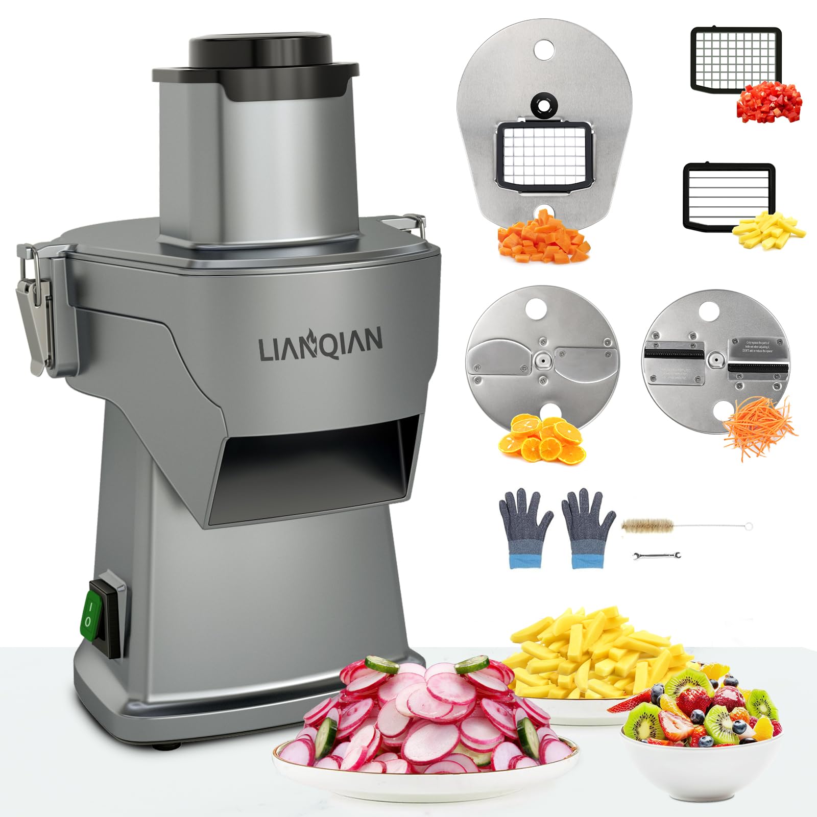 LIANQIAN 4 in 1 Electric Vegetable Chopper, Multifunctional Food Cutter＆Slicer, Mandoline Slicer & Cheese Grater, 200W Multi Blade French Fry Cutter & Veggie Slicer＆Dicer with Cut-Resistant Gloves